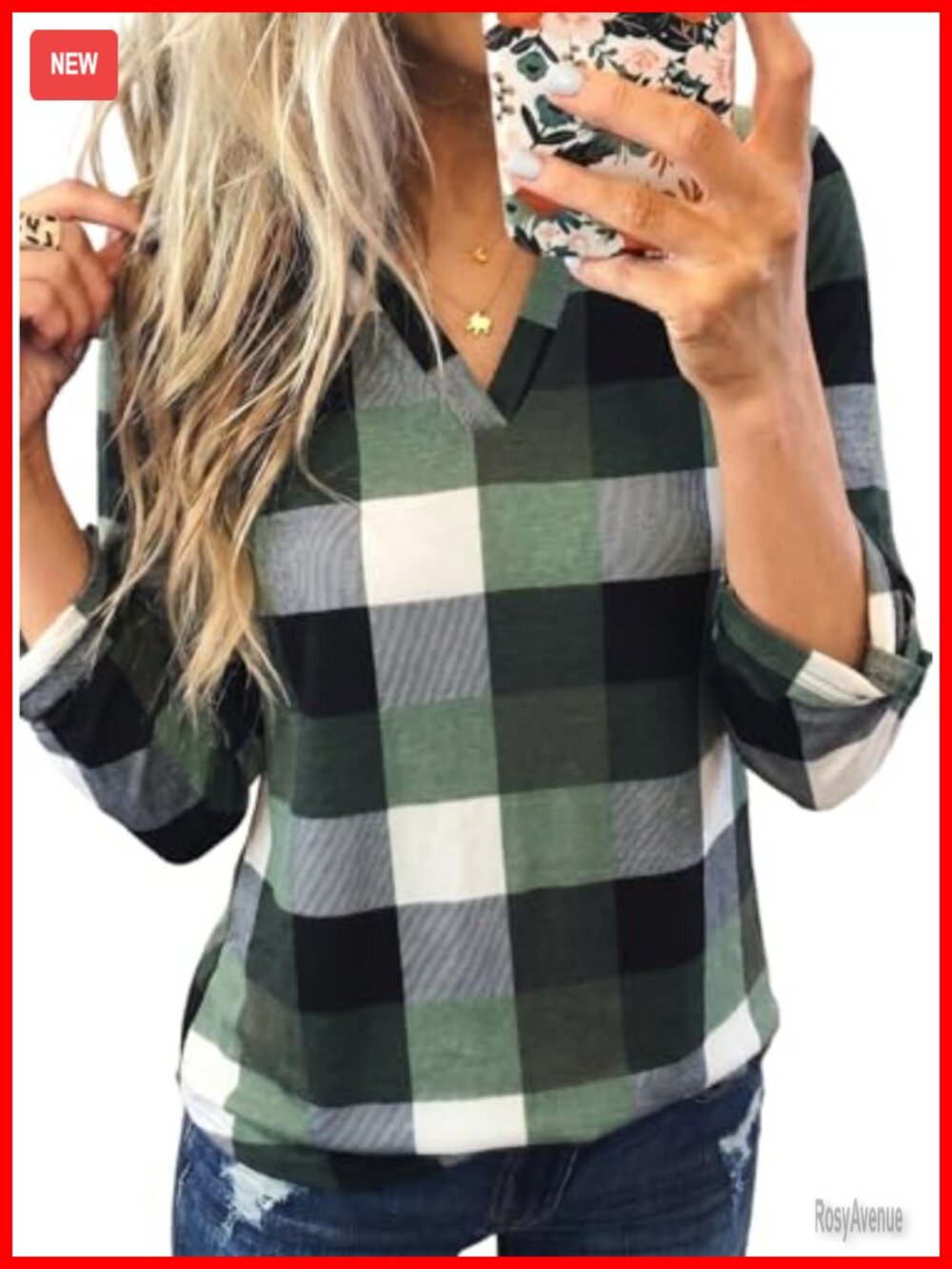 Womens Plaid V Neck Cuffed 3/4 Sleeve Blouse Loose Fit Tunic Top